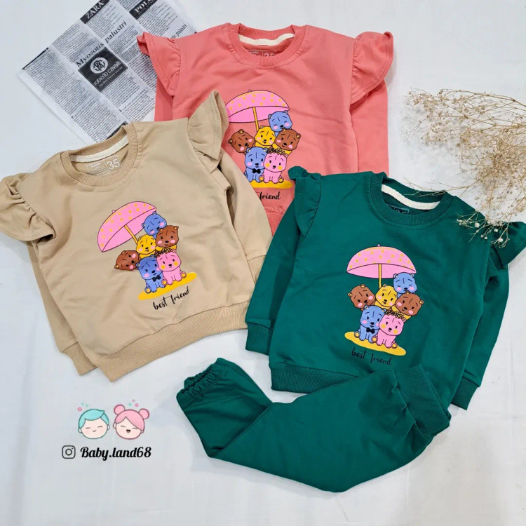 ست بلوز و شلوار دخترانه سرآستین چیندار ۶ ماه تا ۵ سال جنس دورس پنبه