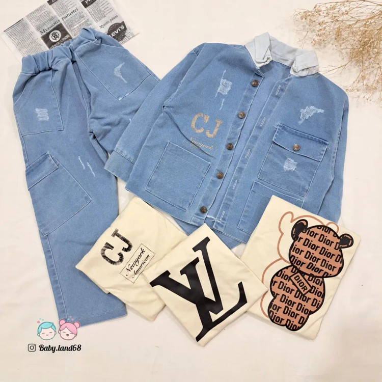 ست سه تیکه کت و شلوار جین و تیشرت بچگانه ۴ تا ۱۰ سال سایزبندی ۴۵ تا ۶۰