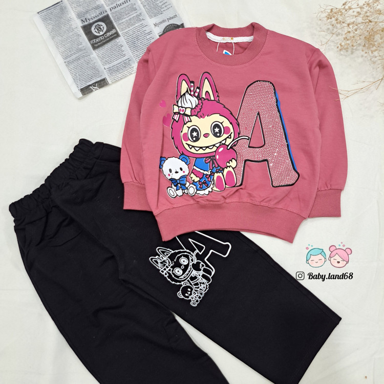 ست بلوز و شلوار بگ دورس پنبه دخترانه ۲ تا ۵ سال طرح لبوبو نگیندار