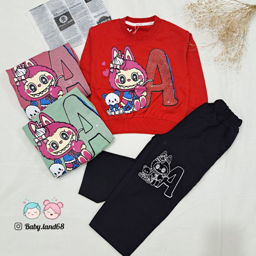 ست بلوز و شلوار بگ بچگانه دخترانه طرح لبوبو نگیندار سایز ۴۰ و ۴۵ مناسب ۲ تا ۵ سال جنس دورس پنبه کیفیت عالی