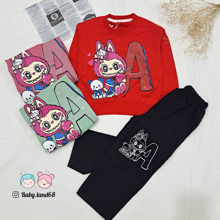 ست بلوز و شلوار بگ بچگانه دخترانه طرح لبوبو نگیندار سایز ۴۰ و ۴۵ مناسب ۲ تا ۵ سال جنس دورس پنبه کیفیت عالی