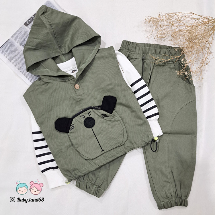 ست ۳ تیکه هودی جلیقه ای و شلوار کتان و بلوز دورس پنبه بچگانه ۱ تا ۷ سال سایز ۳۵ تا ۵۰