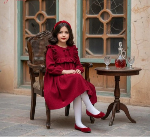 پیراهن دخترانه یلدایی بچگانه ۲ تا ۹ الی ۱۰ سال جنس مخمل کبریتی اعلا برند گلاریس رنگ قرمز