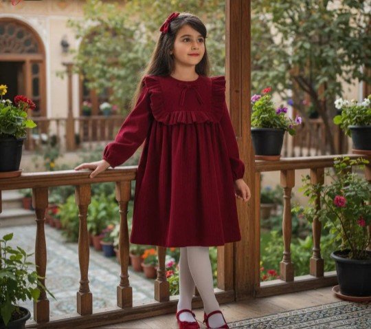 تنخور شیک پیراهن دخترانه یلدایی بچگانه ۲ تا ۹ الی ۱۰ سال جنس مخمل کبریتی اعلا برند گلاریس رنگ قرمز