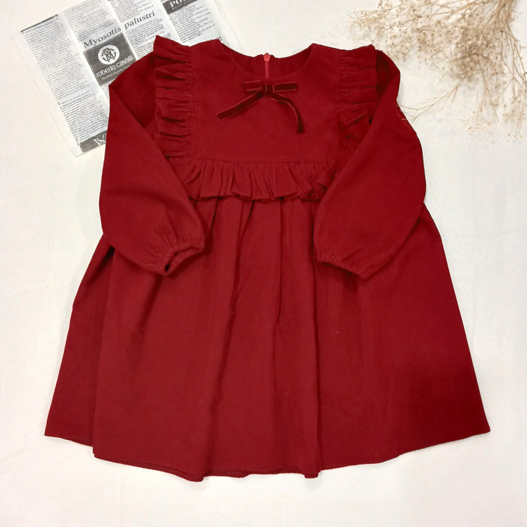 پیراهن دخترانه یلدایی ۲ تا ۱۰ سال جنس مخمل کبریتی رنگ قرمز