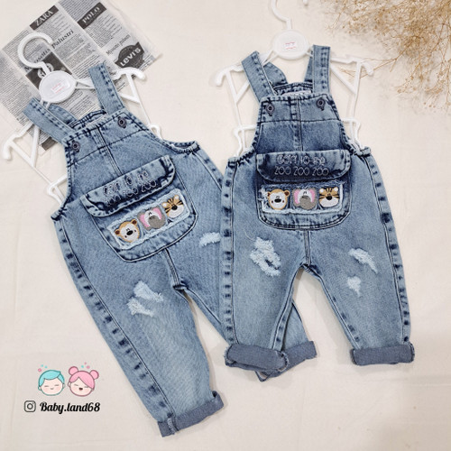 بیلر جین اسپرت بچه گانه مناسب دختر و پسر 6 ماهه تا ۳ سال طرح حیوانات تیکه دوزی شده جنس لی گرم بالا رنگ آبی سنگشور شده