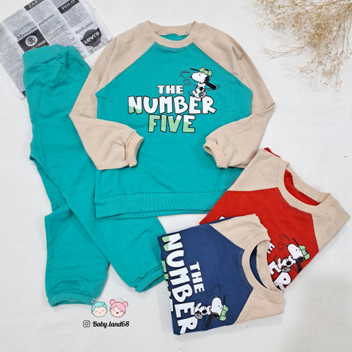 ست بلوز و شلوار بچگانه پسرانه آستین رگلان سایز بندی ۴۵ تا ۵۵ مناسب ۴ تا ۹ سال طرح اسنوپی جنس دورس پنبه