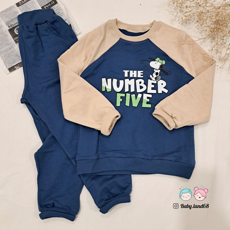 ست بلوز و شلوار بچگانه پسرانه آستین رگلان سایز بندی ۴۵ تا ۵۵ مناسب ۴ تا ۹ سال طرح اسنوپی جنس دورس پنبه رنگ سورمه ای