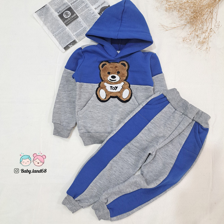 ست هودی و شلوار بچگانه اسپرت مناسب پسر و دختر ۲ تا ۹ سال رنگ آبی تیره با طرح خرسی