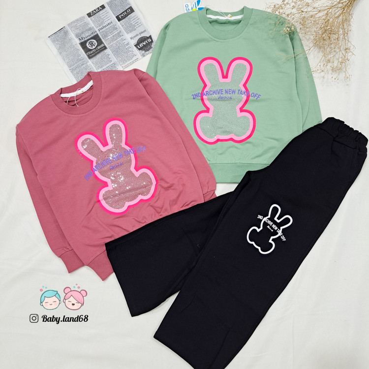 ست بلوز و شلوار بگ بچگانه دخترانه نگین دار سایز ۵۰ و ۵۵ مناسب ۶ تا ۹ سال جنس دورس پنبه طرح خرگوش نگینی برند آدیداس