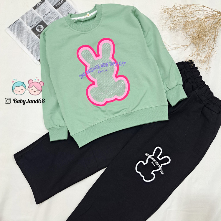 ست بلوز و شلوار بگ بچگانه دخترانه نگین دار سایز ۵۰ و ۵۵ مناسب ۶ تا ۹ سال جنس دورس رنگ سبز