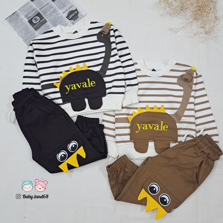 ست بلوز و شلوار بیرونی بچگانه پسرانه سایز ۳۵ تا ۵۰ مناسب ۱ تا ۷ سال جنس بلوز دورس پنبه و شلوار کتان مدل راه راه رینگی طرح دایناسور