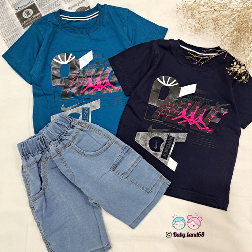 ست بیرونی تیشرت و شلوارک لی بچگانه پسرانه سایز ۴۵ تا ۵۵ مناسب ۴ تا ۹ سال جنس تیشرت پنبه و شلوارک لی کاغذی مدل جردن