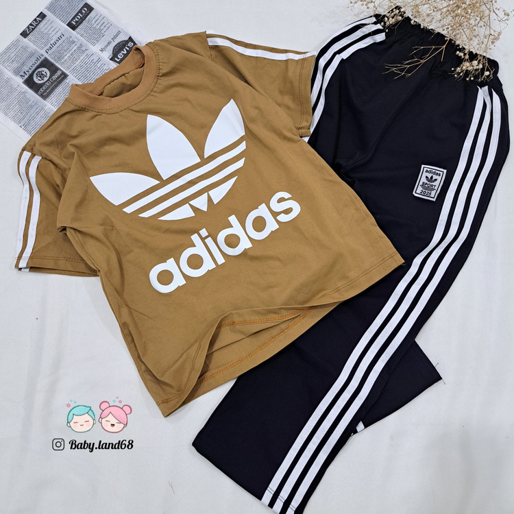 ست تیشرت و شلوار بگ نواردوزی آدیداس اسپرت کودک و نوجوان سایز ۵۵ و ۶۰ مناسب ۸ تا ۱۰ سال قواره بزرگ جنس پنبه لاکرادار با کیفیت رنگ نسکافه ای