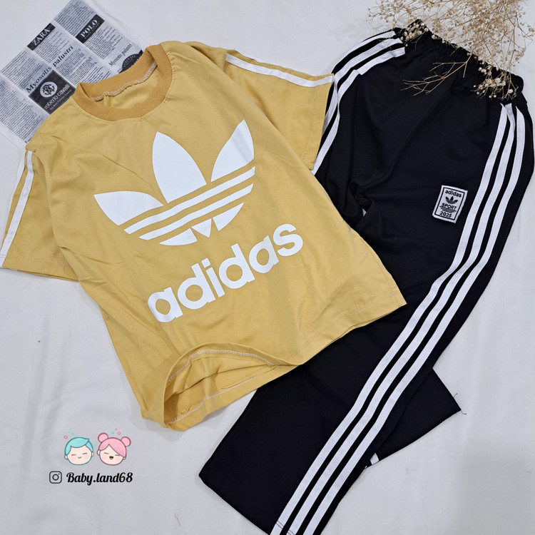 ست تیشرت و شلوار بگ نواردوزی آدیداس اسپرت کودک و نوجوان سایز ۵۵ و ۶۰ مناسب ۸ تا ۱۰ سال قواره بزرگ جنس پنبه لاکرادار با کیفیت رنگ نخودی