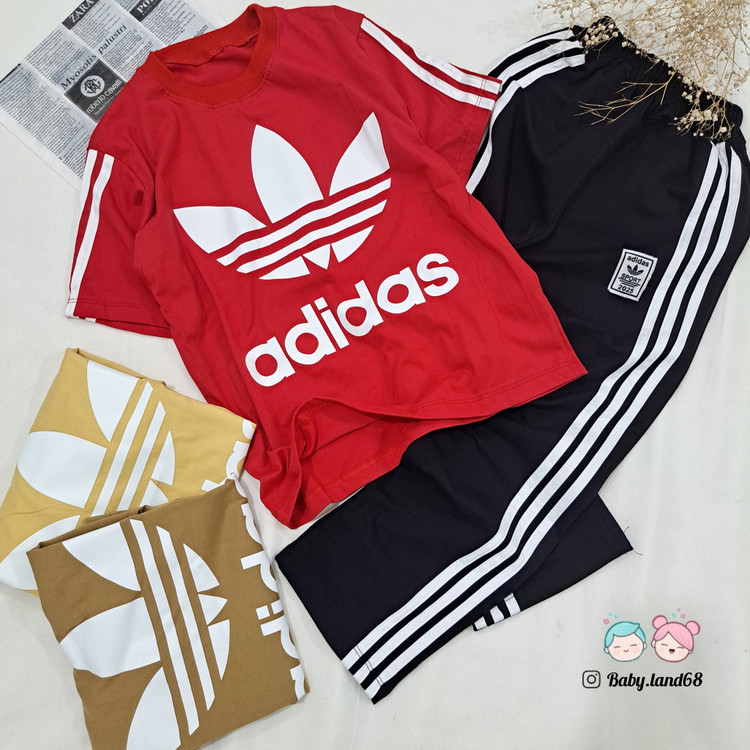 ست تیشرت و شلوار بگ نواردوزی آدیداس اسپرت کودک و نوجوان خواهر و برادری سایز ۵۵ و ۶۰ مناسب ۸ تا ۱۰ سال قواره بزرگ جنس پنبه لاکرادار با کیفیت