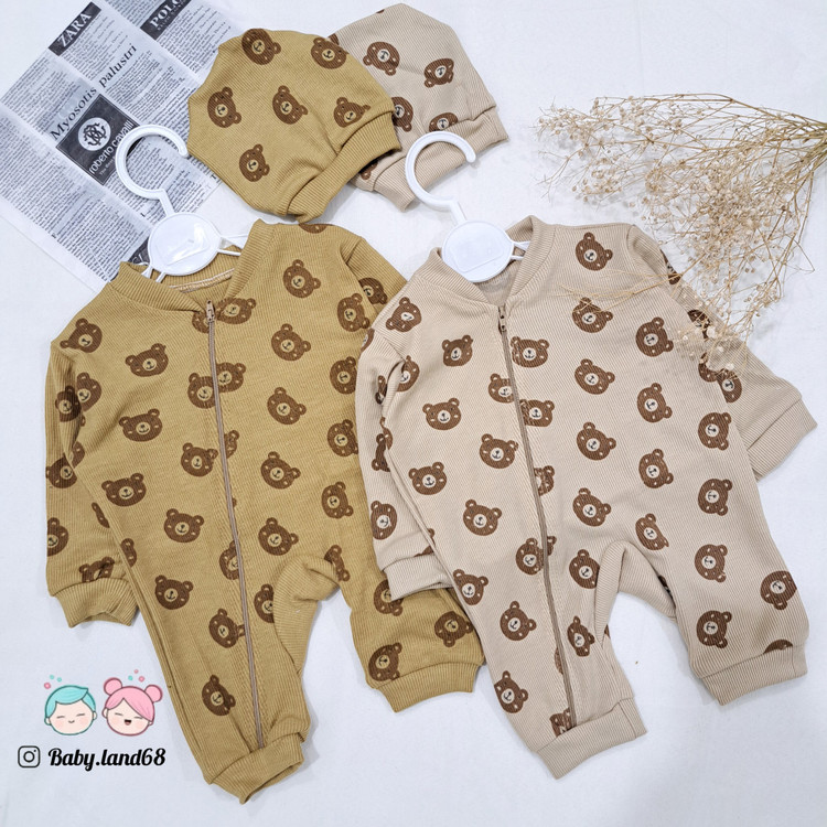 ۲ تیکه سرهمی زیپی و کلاه اقتصادی تمام چاپ خرس بچگانه اسپرت سایز ۱ تا ۳ مناسب نوزادی تا یک سال جنس کبریتی کشی
