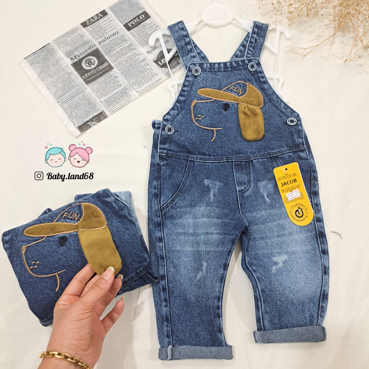 بیلر جین اسپرت بچگانه دخترانه و پسرانه مناسب ۶ ماه تا ۳ سال جنس لی گرم بالا سنگشور شده طرح هاپو رنگ آبی تیره تینت یخی