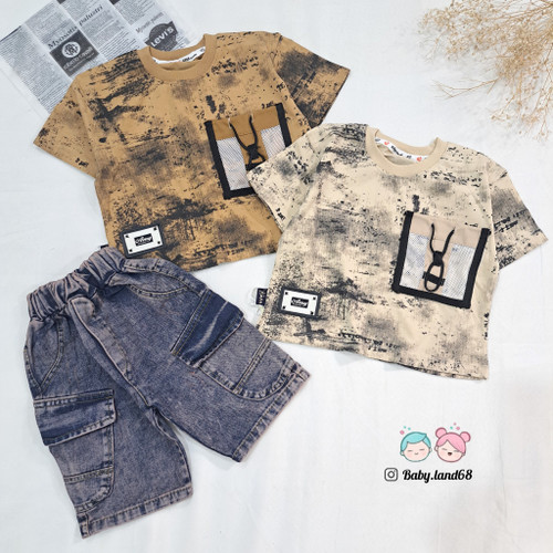 ست بیرونی تیشرت و شلوارک لی بچگانه اسپرت سایز ۳۵ تا ۵۰ مناسب ۱ تا ۷ سال جنس تیشرت پنبه و شلوارک لی درجه یک طرح ابر و بادی