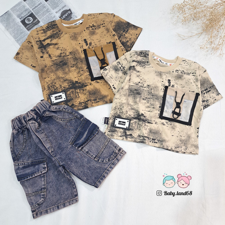 ست بیرونی تیشرت و شلوارک لی بچگانه اسپرت سایز ۳۵ تا ۵۰ مناسب ۱ تا ۷ سال جنس تیشرت پنبه و شلوارک لی درجه یک طرح ابر و بادی