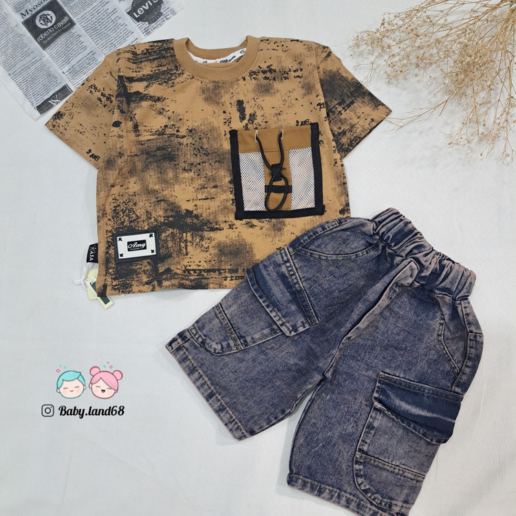 ست بیرونی تیشرت و شلوارک لی بچگانه اسپرت سایز ۳۵ تا ۵۰ مناسب ۱ تا ۷ سال جنس تیشرت پنبه و شلوارک لی درجه یک طرح رنگ موکا