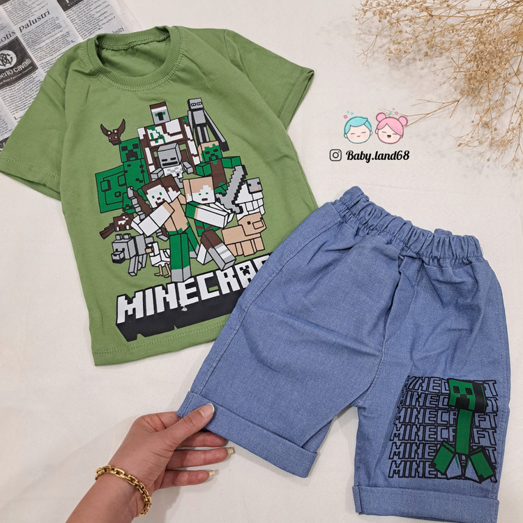 ست بیرونی تیشرت و شلوارک لی بچگانه پسرانه ۲ تا ۹ سال سایز ۴۰ تا ۵۵ جنس تیشرت پنبه و شلوارک لی کشی طرح ماینکرافت رنگ سبز