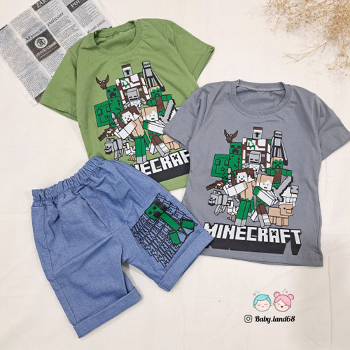 ست بیرونی تیشرت و شلوارک لی بچگانه پسرانه ۲ تا ۹ سال سایز ۴۰ تا ۵۵ جنس تیشرت پنبه و شلوارک لی کشی طرح ماینکرافت رنگ طوسی