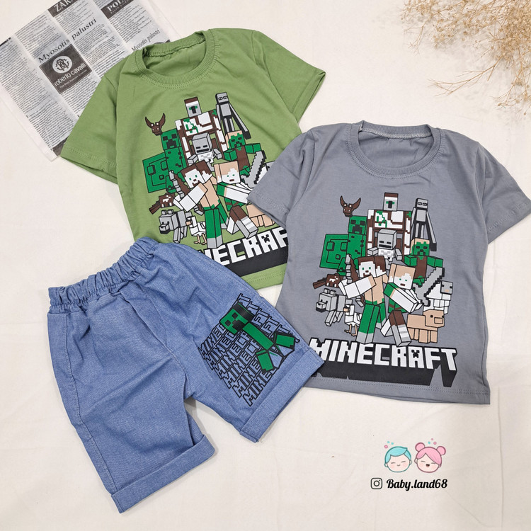 ست بیرونی تیشرت و شلوارک لی بچگانه پسرانه ۲ تا ۹ سال سایز ۴۰ تا ۵۵ جنس تیشرت پنبه و شلوارک لی کشی طرح ماینکرافت رنگ طوسی