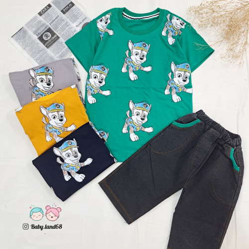 ست بیرونی تیشرت و شلوارک لی بچگانه پسرانه سایز ۵۰ و ۵۵ مناسب ۶ تا ۹ سال جنس تیشرت پنبه و شلوارک لی کشی طرح سگ های نگهبان