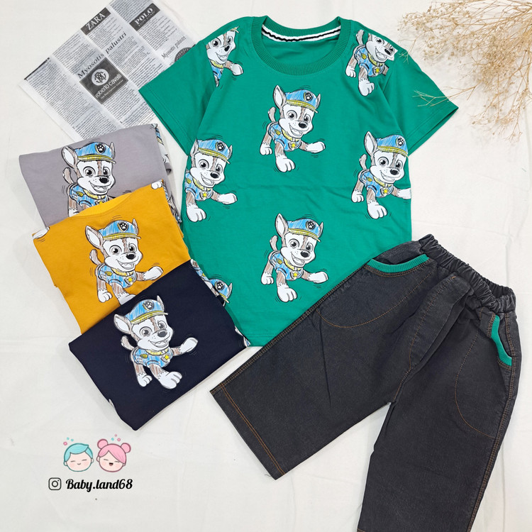 ست بیرونی تیشرت و شلوارک لی بچگانه پسرانه سایز ۵۰ و ۵۵ مناسب ۶ تا ۹ سال جنس تیشرت پنبه و شلوارک لی کشی طرح سگ های نگهبان
