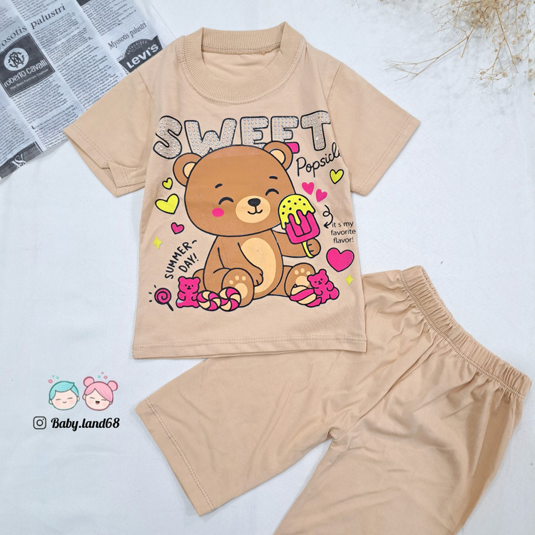 ست تیشرت و شلوارک دخترانه بچگانه ۶ ماه تا ۷ سال سایز ۳۵ تا ۵۰ جنس پنبه طرح خرسی رنگ کرمی