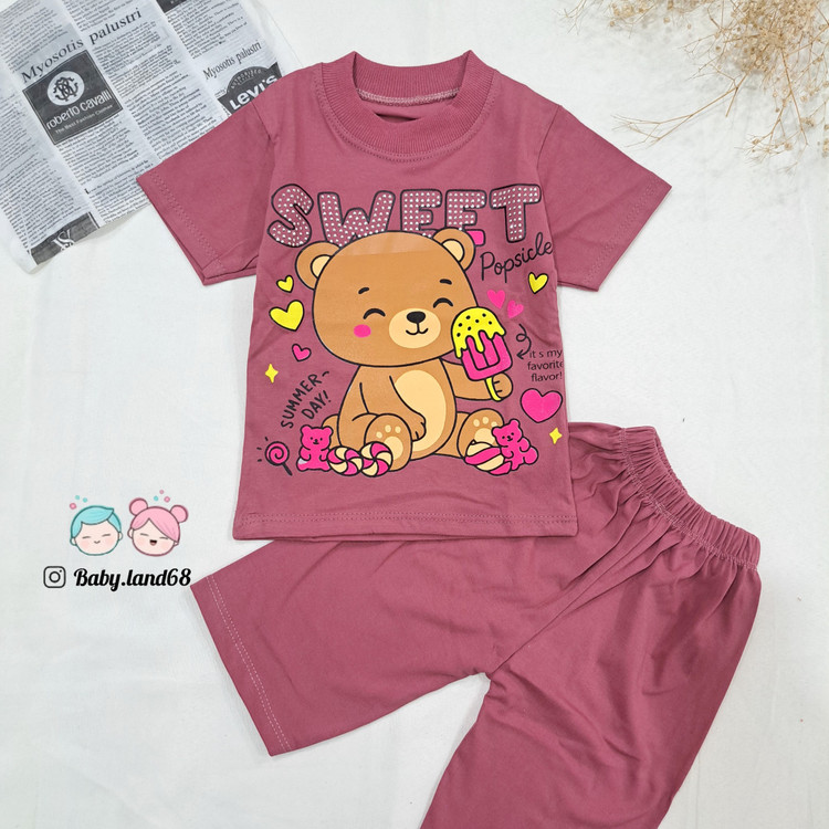 ست تیشرت و شلوارک دخترانه بچگانه ۶ ماه تا ۷ سال سایز ۳۵ تا ۵۰ جنس پنبه طرح خرسی زنگ بنفش