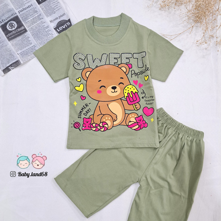 ست تیشرت و شلوارک دخترانه بچگانه ۶ ماه تا ۷ سال سایز ۳۵ تا ۵۰ جنس پنبه طرح خرسی رنگ سبز