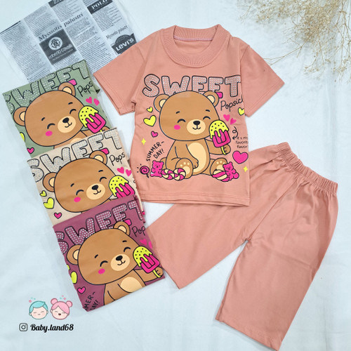 ست تیشرت و شلوارک دخترانه بچگانه ۶ ماه تا ۷ سال سایز ۳۵ تا ۵۰ جنس پنبه طرح خرسی