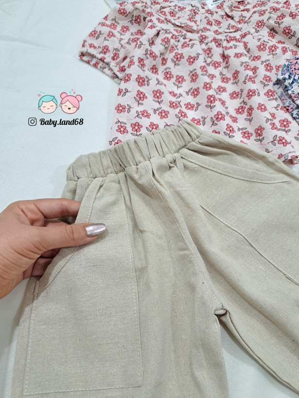 شلوارک بیرونی جیب دار لینن خنک و راحت بچه گانه ۱ تا ۸ سال دخترانه