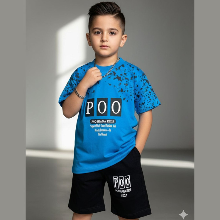 تنخور ست تیشرت و شلوارک بچگانه پسرانه ۱ تا ۷ سال سایز ۳۵ تا ۵۰ جنس پنبه مدل poo