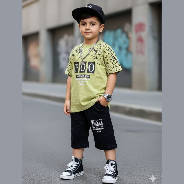 تنخور ست تیشرت و شلوارک بچگانه پسرانه ۱ تا ۷ سال سایز ۳۵ تا ۵۰ جنس پنبه مدل poo
